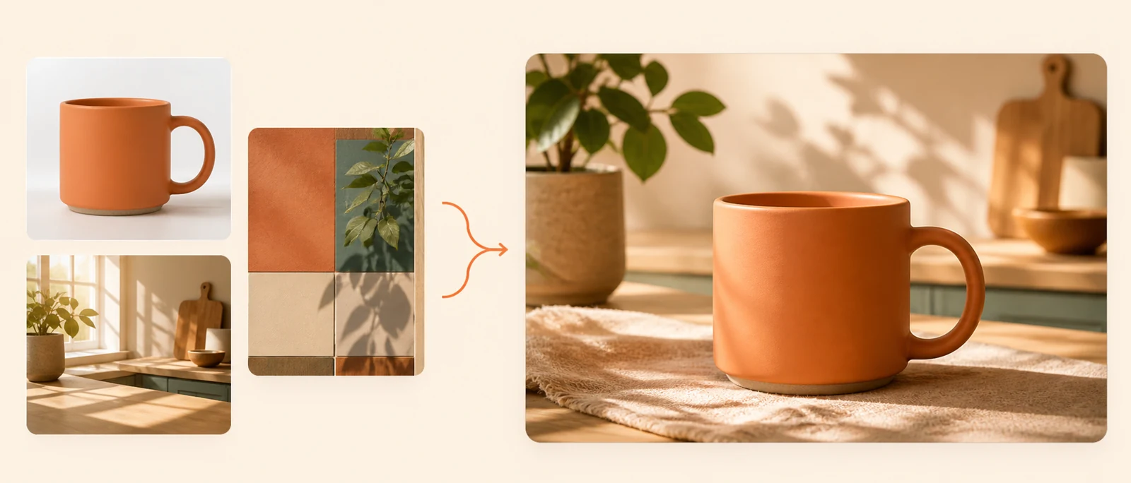 Multi-image fusion example showing reference images combined into one warm lifestyle product photo.