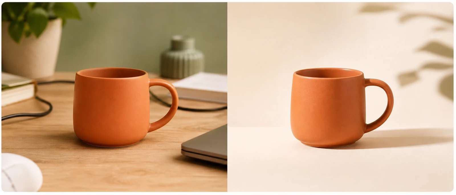 Before and after example showing a cluttered mug product photo transformed into a clean studio image.