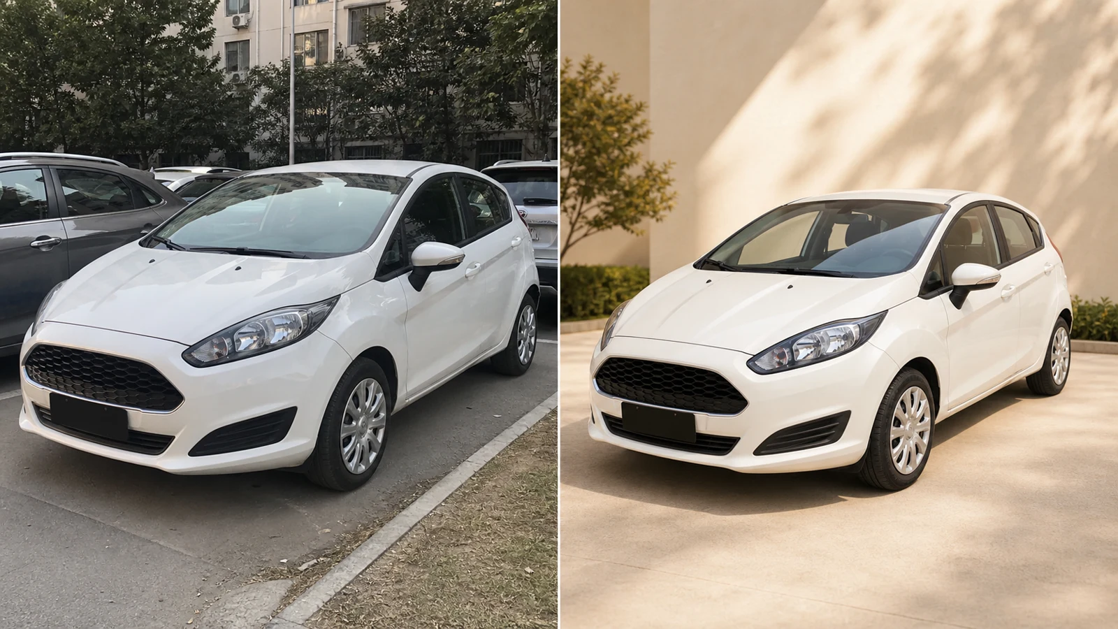 Before and after AI background replacement example with a white car moved from a busy parking lot to a clean studio driveway.