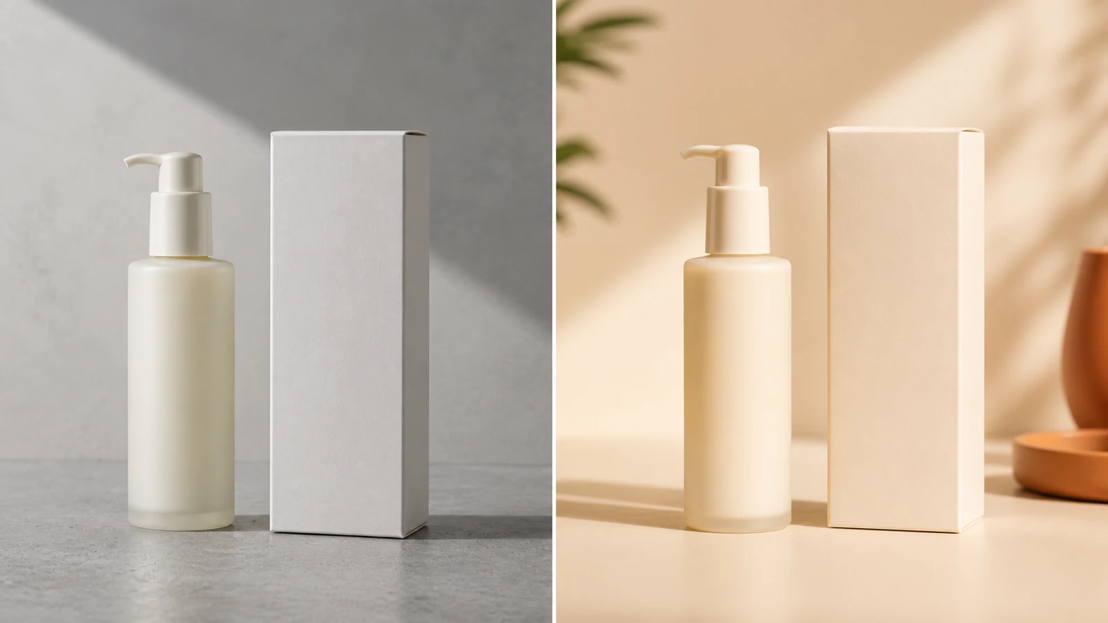 Before and after AI product photo editing example with a blank bottle and box improved for ecommerce.