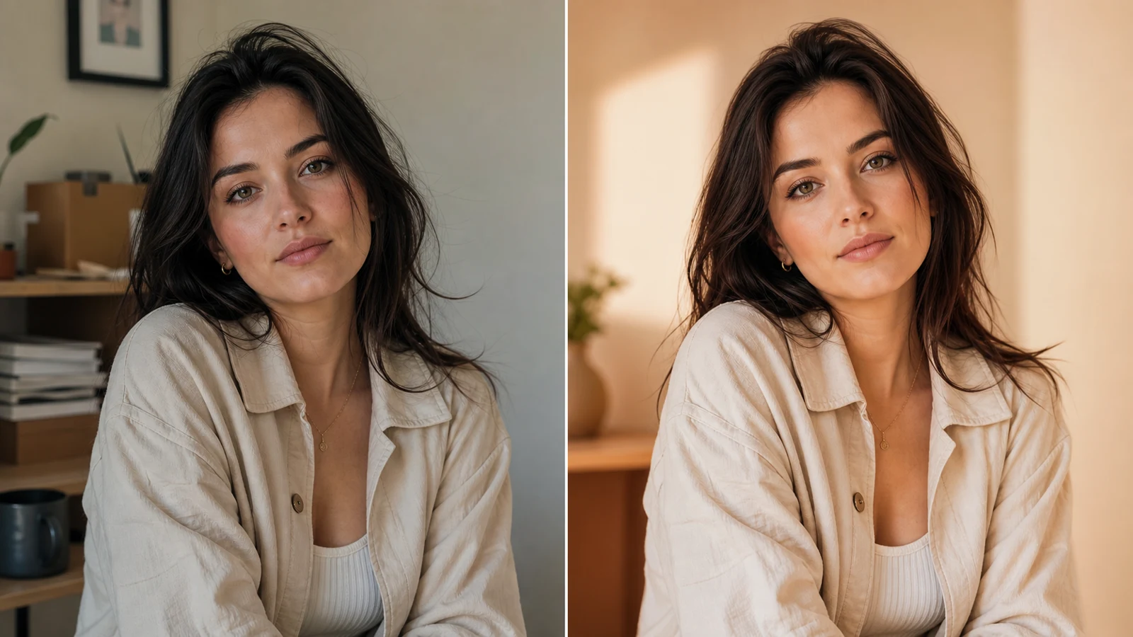 Before and after AI portrait enhancement example with warmer lighting and a cleaner background.