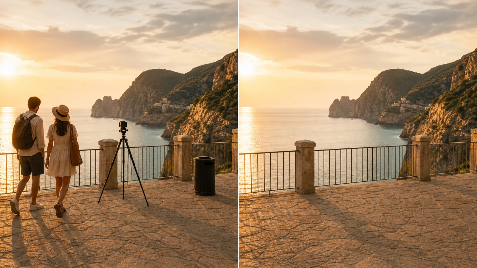 Before and after AI object removal example with tourists, a tripod, and a trash bin removed from a seaside travel photo.